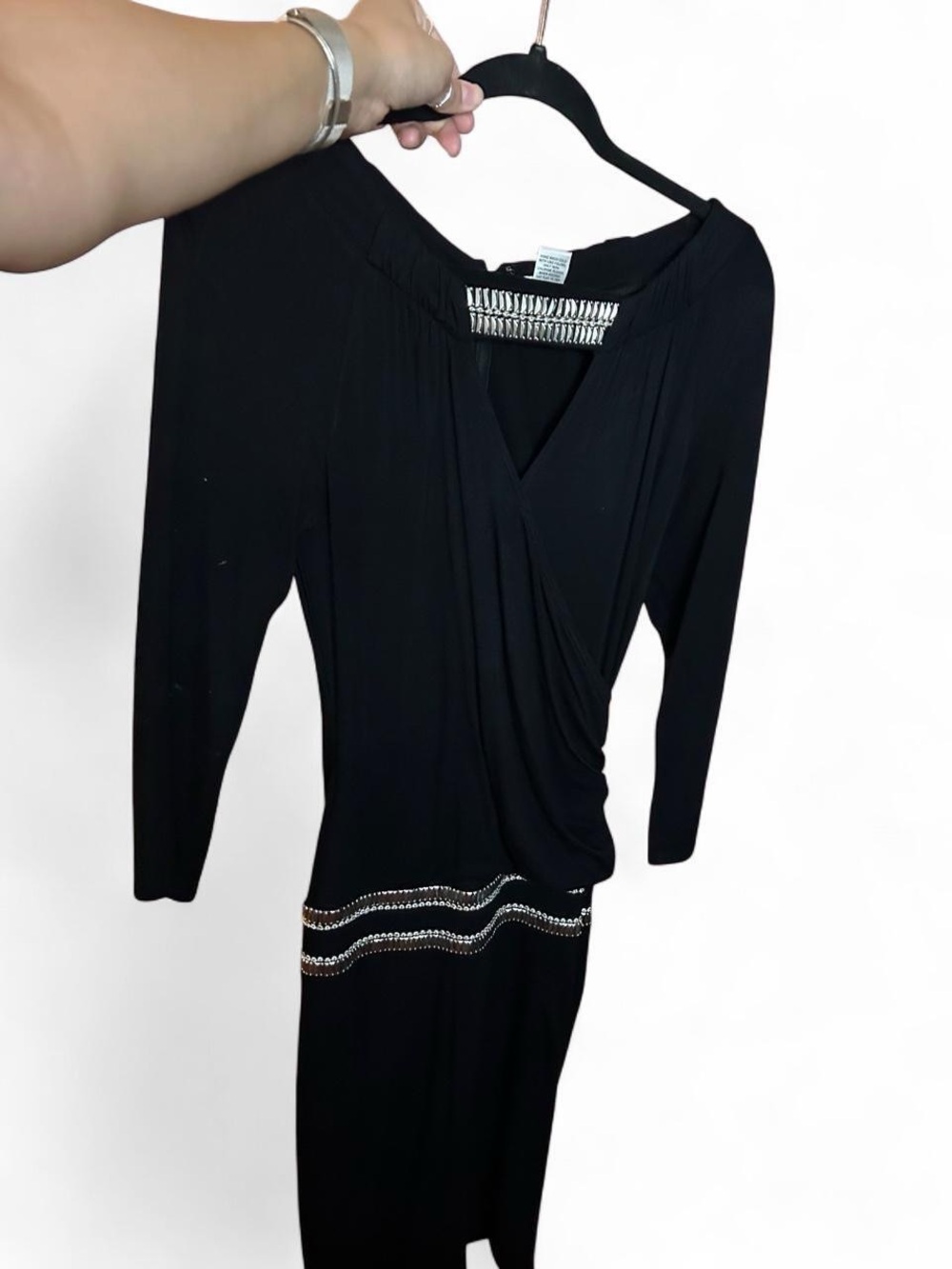 Cache Black Long Sleeve Wrap-Style Dress with Waist Embellishment